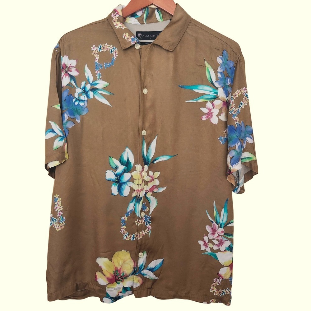 AllSaints Shirt Men Medium Brown Hana Short Sleeve Loop Camp Collar Viscose Fall